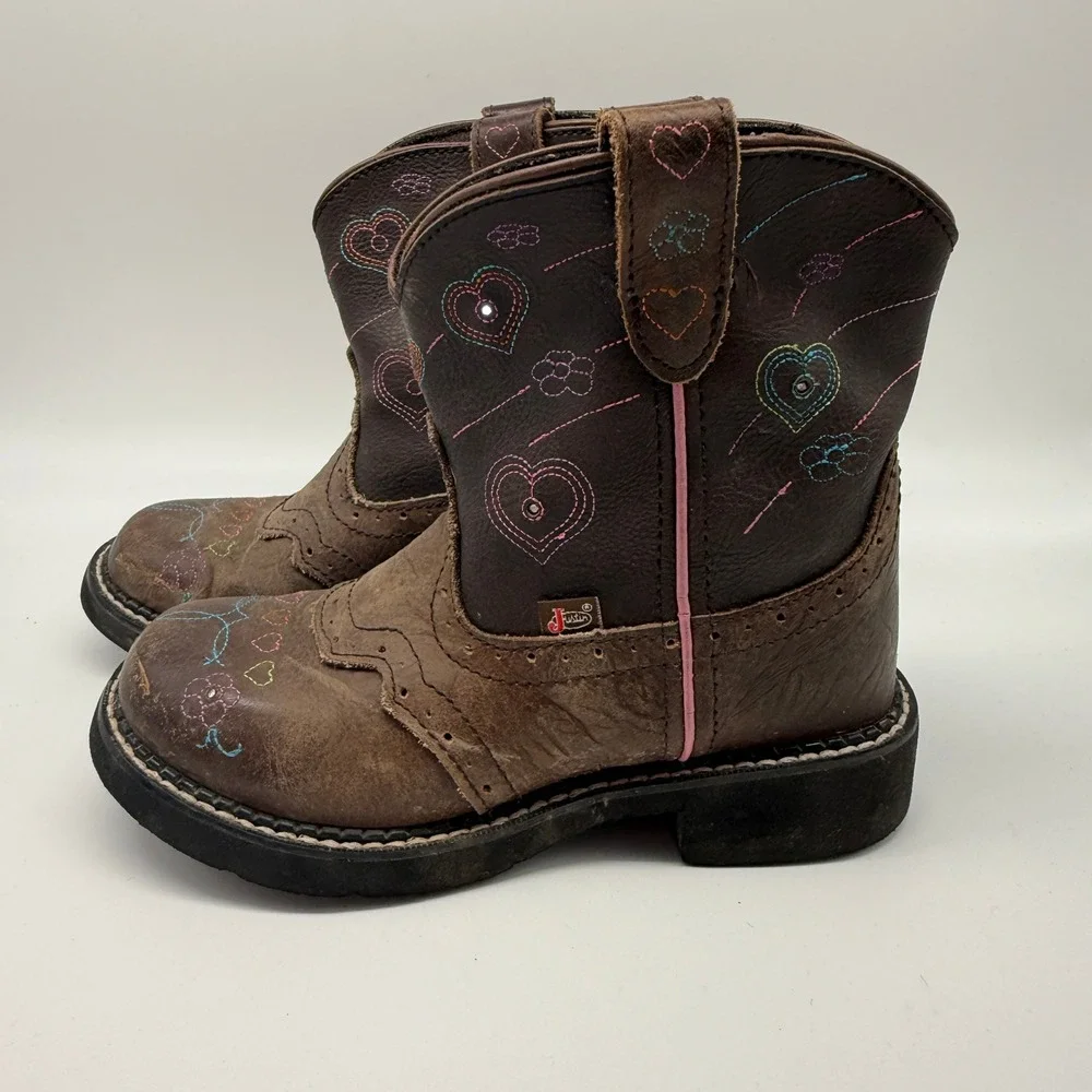 Justin Gypsy Western Light Up Boots Kids 2D Brown Leather Heart Flower Cowboy